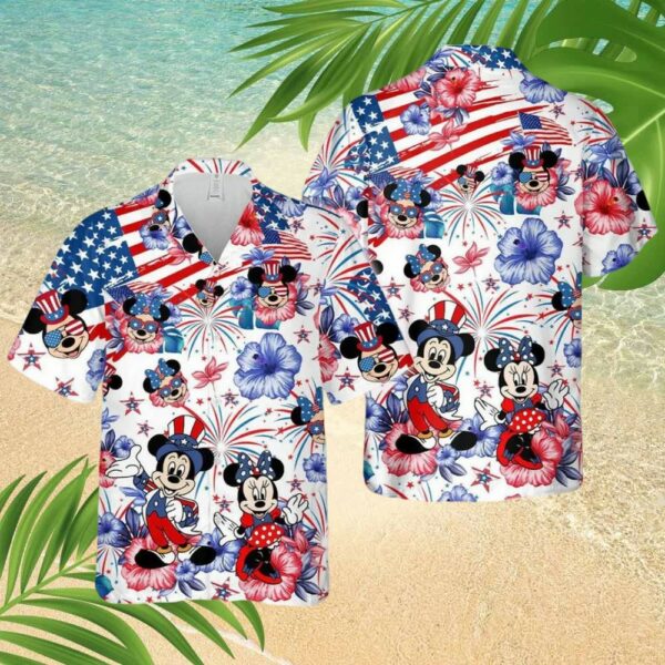 Mickey Fireworks Hibiscus Patriot July 4th Hawaiian Shirt 1