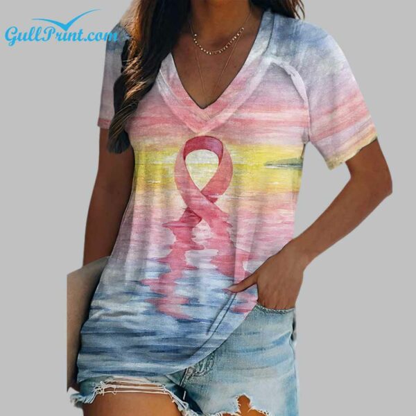 Womens Casual Pink Ribbon Breast Cancer Art Print Shirt 2