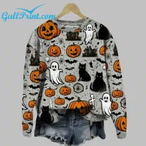 Halloween Black Cat And Ghost Printed Sweatshirt 1