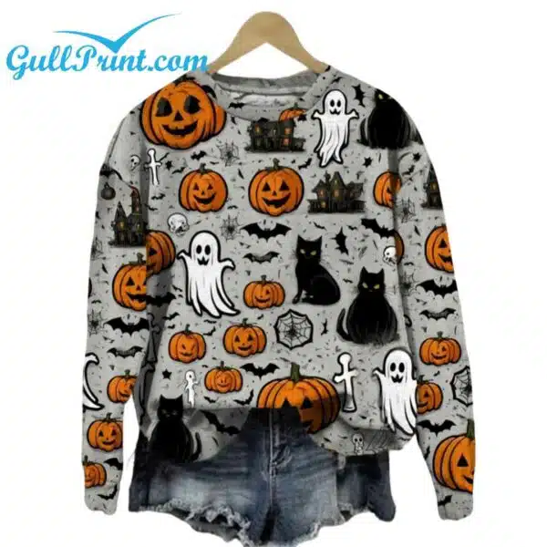 Halloween Black Cat And Ghost Printed Sweatshirt 2