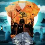 Halloween Black Cat Print V Neck T-Shirt