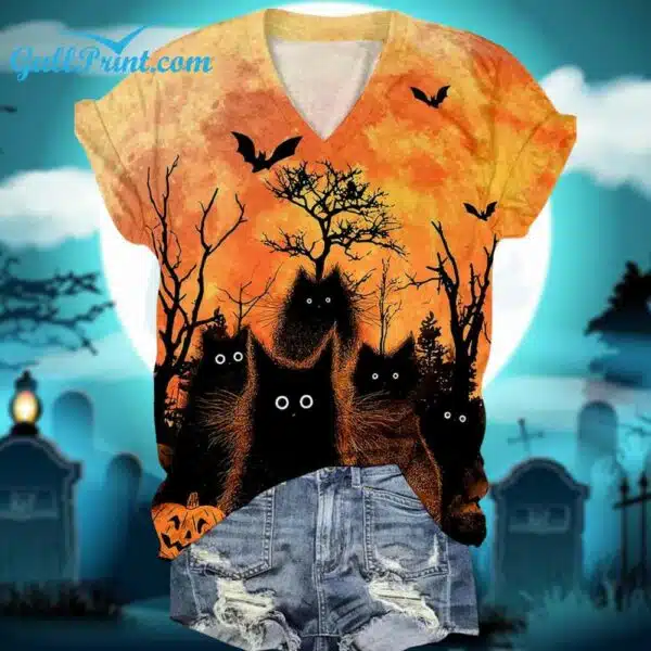 Halloween Black Cat Print V Neck T Shirt 2