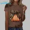 Halloween Leopard Print Pumpkin Print Casual V Neck T Shirt 1