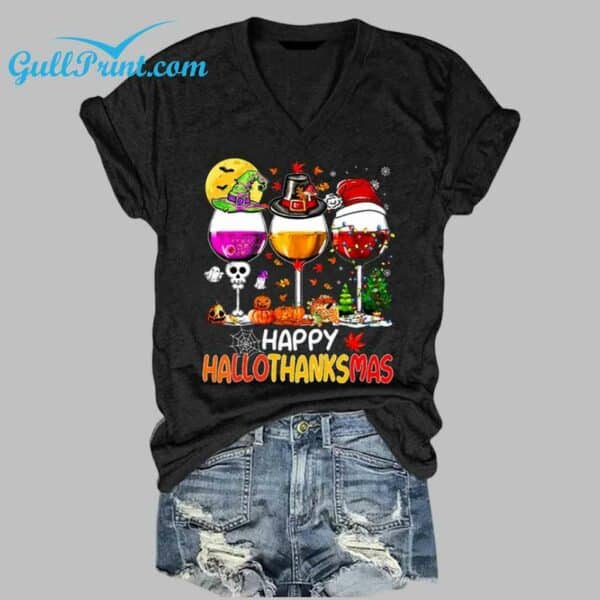 Happy Hallothanksmas Wine Print V Neck T Shirt 1