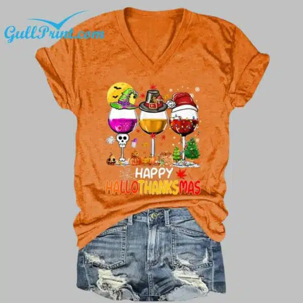 Happy Hallothanksmas Wine Print V Neck T Shirt 3