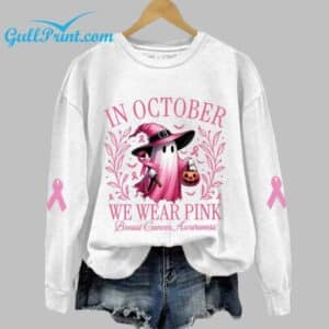 In October We Wear Pink Halloween Ghost Breast Cancer Awareness Warrior Shirt 1