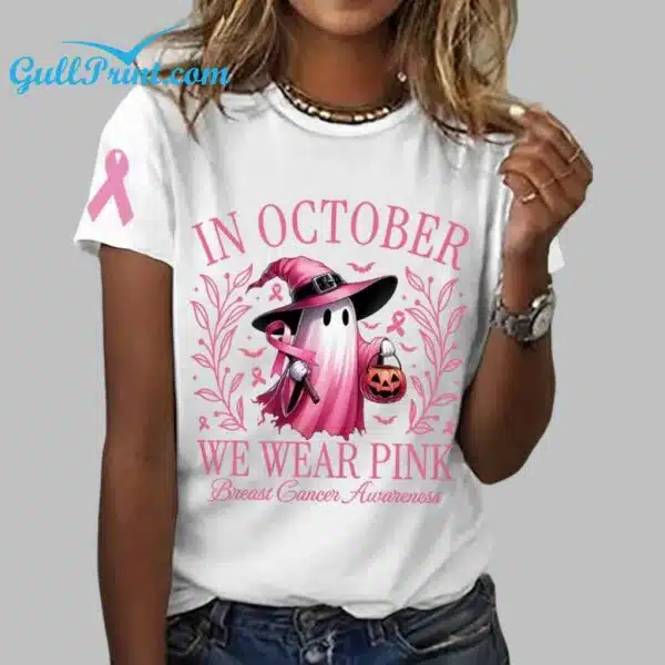 In October We Wear Pink Halloween Ghost Breast Cancer Awareness Warrior Shirt 2