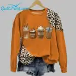 Leopard Fall Pumpkin Spice Coffee Printed Round Neck Sweatshirt