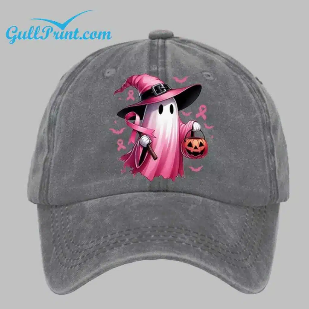 Pink Halloween Ghost Breast Cancer Awareness Warrior Hat 3