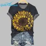 Retro Halloween Sunflower Skull Print T-Shirt