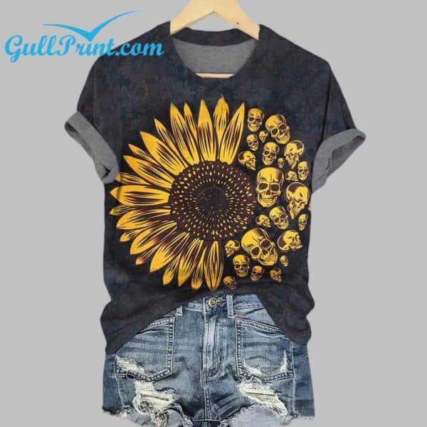 Retro Halloween Sunflower Skull Print T Shirt 1