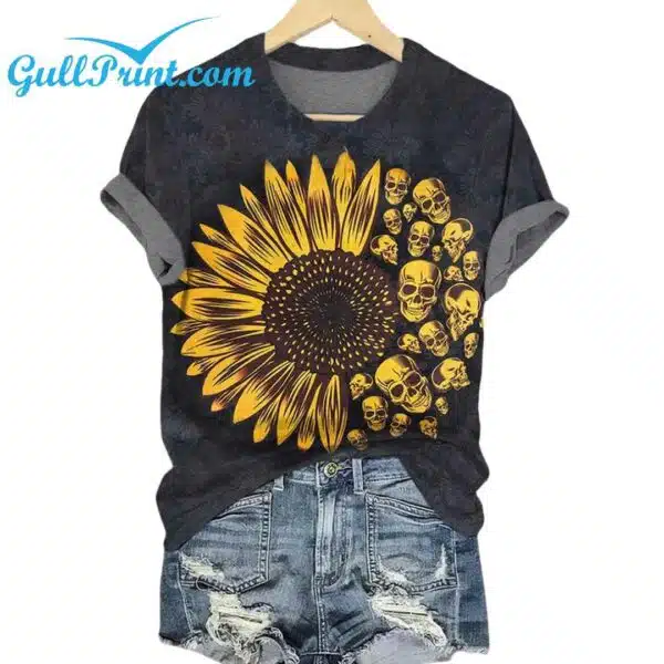 Retro Halloween Sunflower Skull Print T Shirt 2