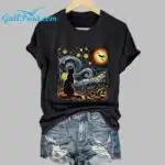 Retro Halloween Van Gogh Starry Night Cat Pumpkins Print T-Shirt