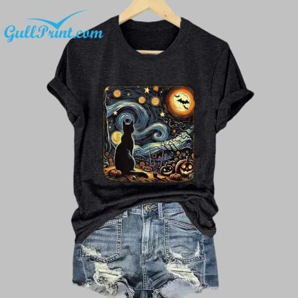 Retro Halloween Van Gogh Starry Night Cat Pumpkins Print T Shirt 1