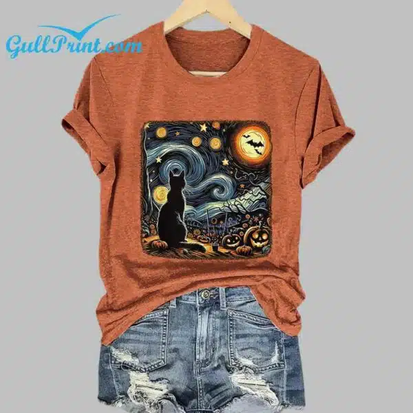 Retro Halloween Van Gogh Starry Night Cat Pumpkins Print T Shirt 4