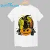 Scary Black Cat Witch Hat Pumpkin Print Round Neck Shirt 1