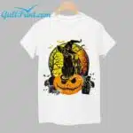 Scary Black Cat Witch Hat Pumpkin Print Round Neck Shirt