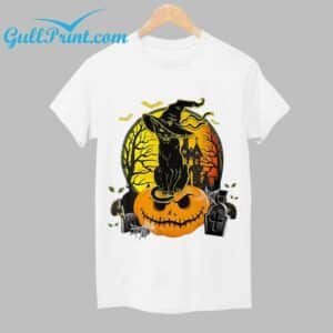 Scary Black Cat Witch Hat Pumpkin Print Round Neck Shirt 1