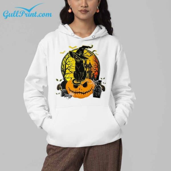 Scary Black Cat Witch Hat Pumpkin Print Round Neck Shirt 4