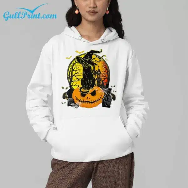 Scary Black Cat Witch Hat Pumpkin Print Round Neck Shirt 4