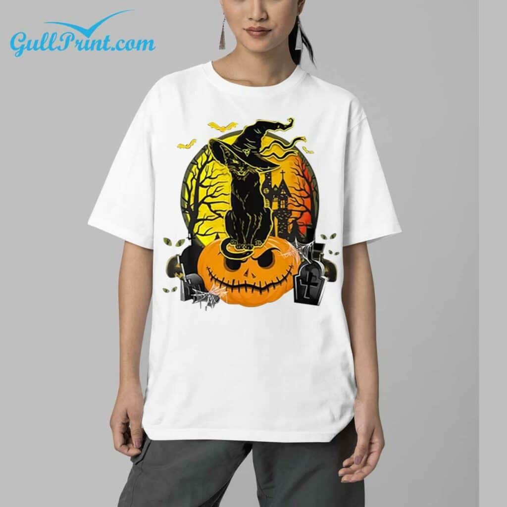 Scary Black Cat Witch Hat Pumpkin Print Round Neck Shirt 5