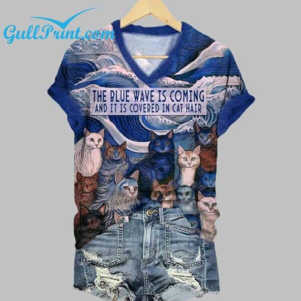 The Blue Wave Is Coming And It Is Covered In Cat Hair Print V Neck T Shirt 1