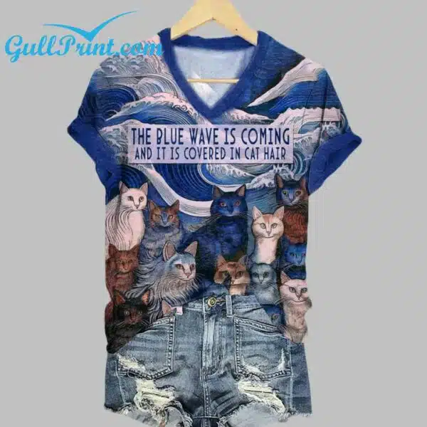 The Blue Wave Is Coming And It Is Covered In Cat Hair Print V Neck T Shirt 1