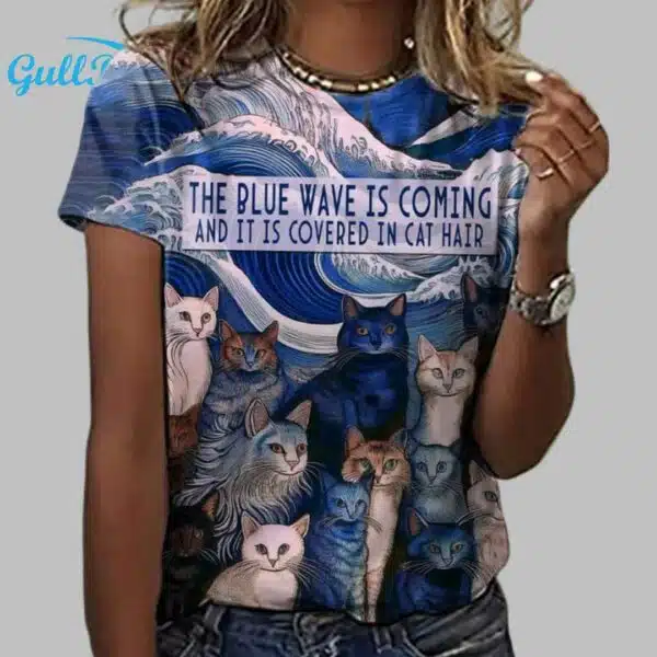 The Blue Wave Is Coming And It Is Covered In Cat Hair Print V Neck T Shirt 2