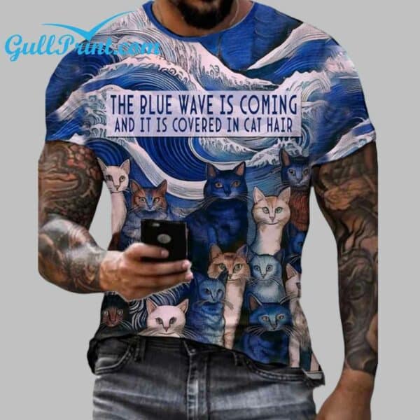 The Blue Wave Is Coming And It Is Covered In Cat Hair Print V Neck T Shirt 3