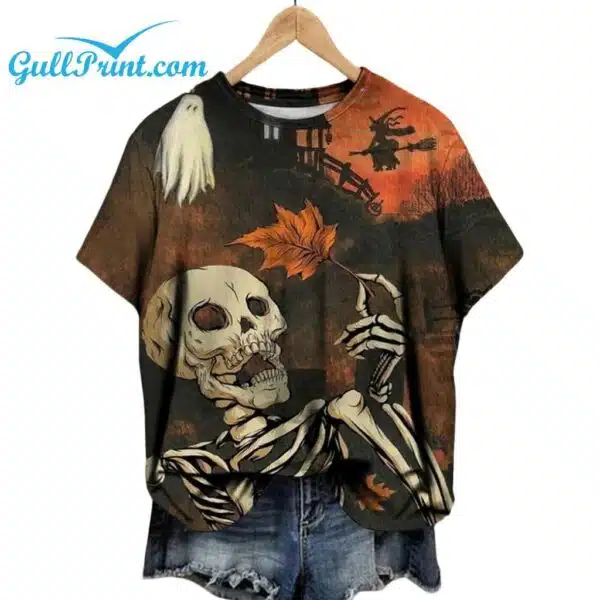 Womens Autumn Halloween Skull Crew Neck T shirt 1