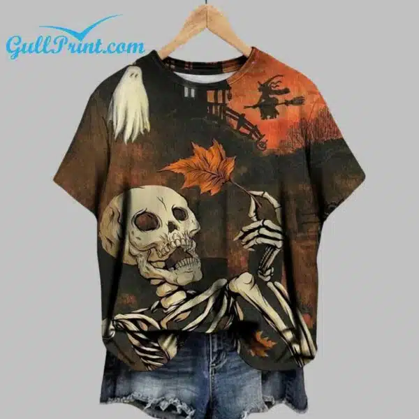 Womens Autumn Halloween Skull Crew Neck T shirt 2