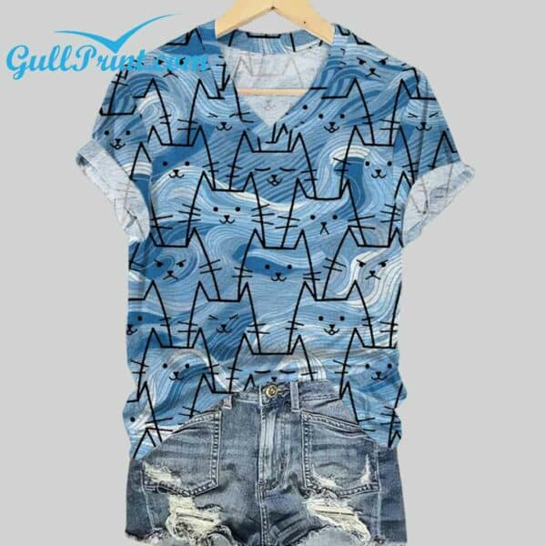 Womens Blue Wave Cats Print V Neck T Shirt 1