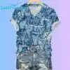 Womens Blue Wave Cats Print V Neck T Shirt 2