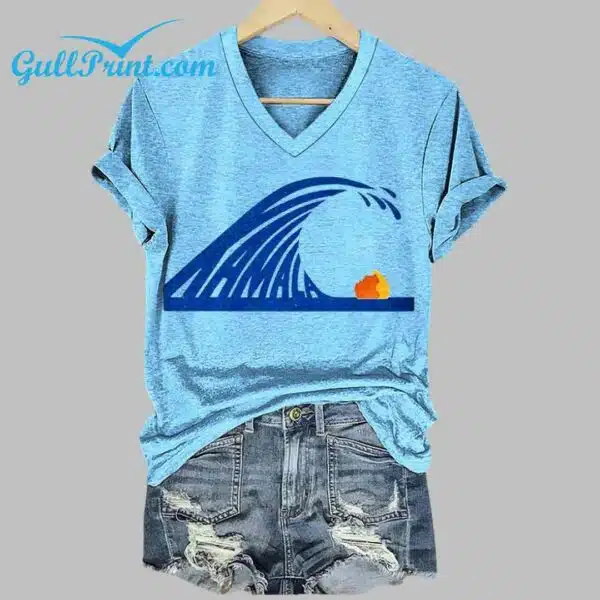 Womens Blue Wave Print V Neck T Shirt 2