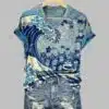 Women’s Blue Waves And Cats Print V Neck T Shirt