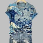 Women's Blue Waves And Cats Print V-Neck T-Shirt