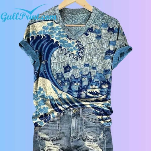 Women's Blue Waves and Cats Print V Neck T Shirt