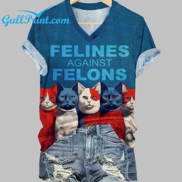 Womens Cat Felines Against Felons Print Casual V Neck T Shirt 1