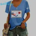 Women's Comma La and Red Hat Anti-MAGA Print V-Neck T-Shirt