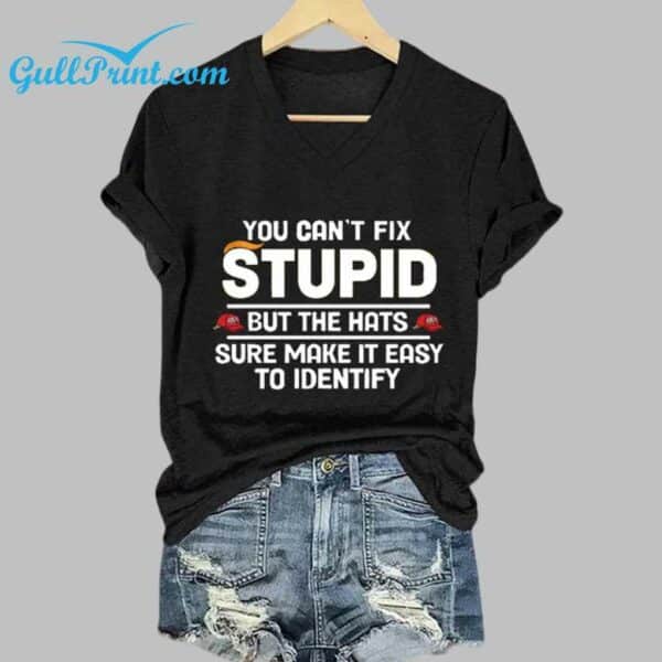 Womens Funny You Can't Fix Stupid But The Hats Sure Make It Easy To Identify Print T Shirt 1