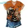 Womens Halloween Black Cat Pumpkin Print Casual V Neck T Shirt 1