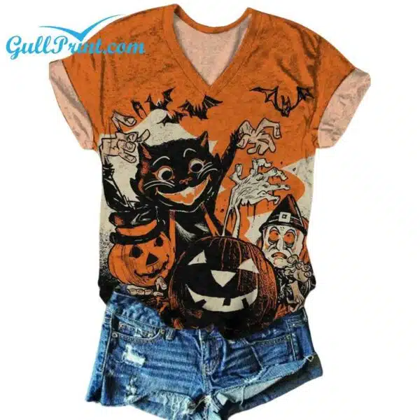 Womens Halloween Black Cat Pumpkin Print Casual V Neck T Shirt 1