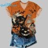 Womens Halloween Black Cat Pumpkin Print Casual V Neck T Shirt 2