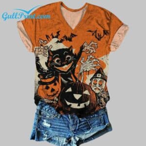 Womens Halloween Black Cat Pumpkin Print Casual V Neck T Shirt 2