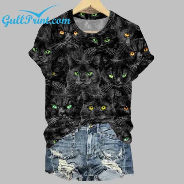 Womens Halloween Black Cats Magic Print Tee 3