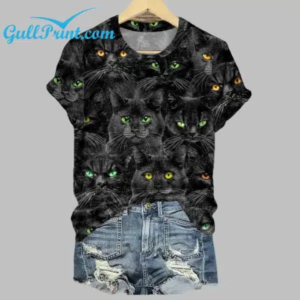 Womens Halloween Black Cats Magic Print Tee 3