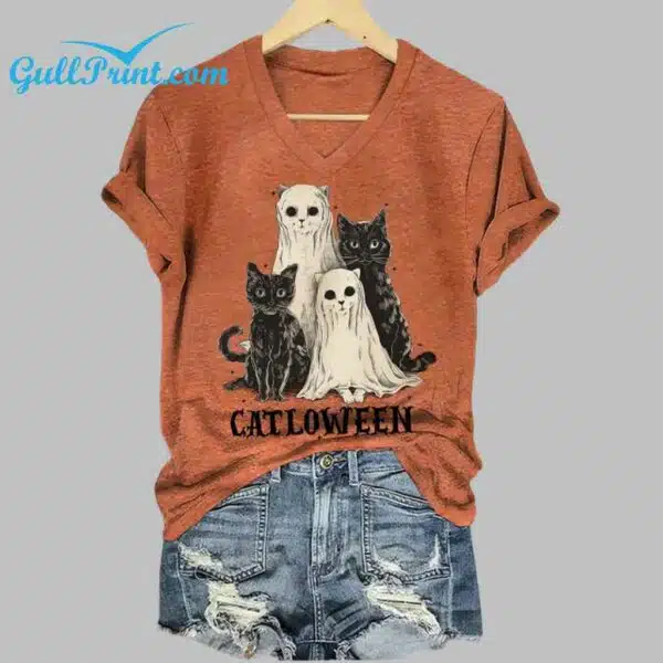 Womens Halloween Catloween Print T Shirt 2