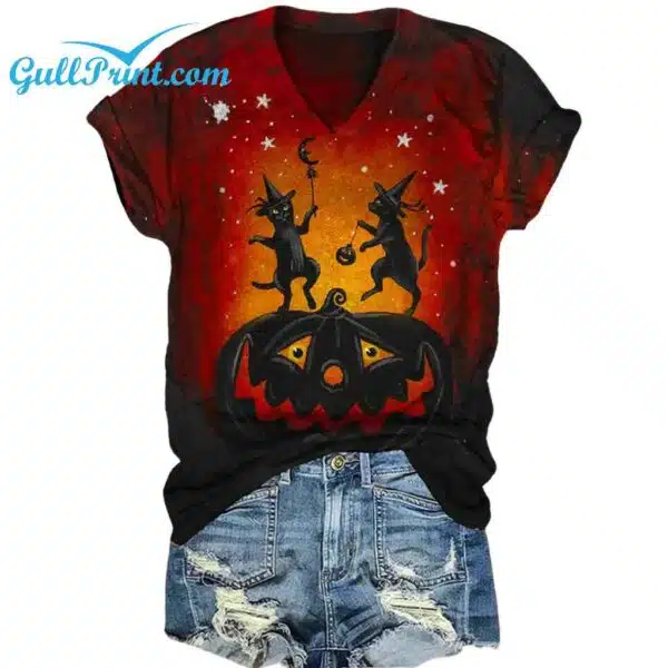 Womens Halloween Fun Pumpkin Cat Print Casual V Neck T Shirt 1