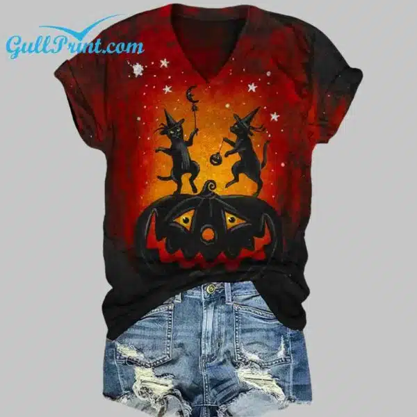 Womens Halloween Fun Pumpkin Cat Print Casual V Neck T Shirt 3