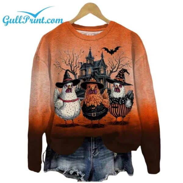 Womens Halloween Haunted Chicken Print Long Sleeve Sweatshirt 1